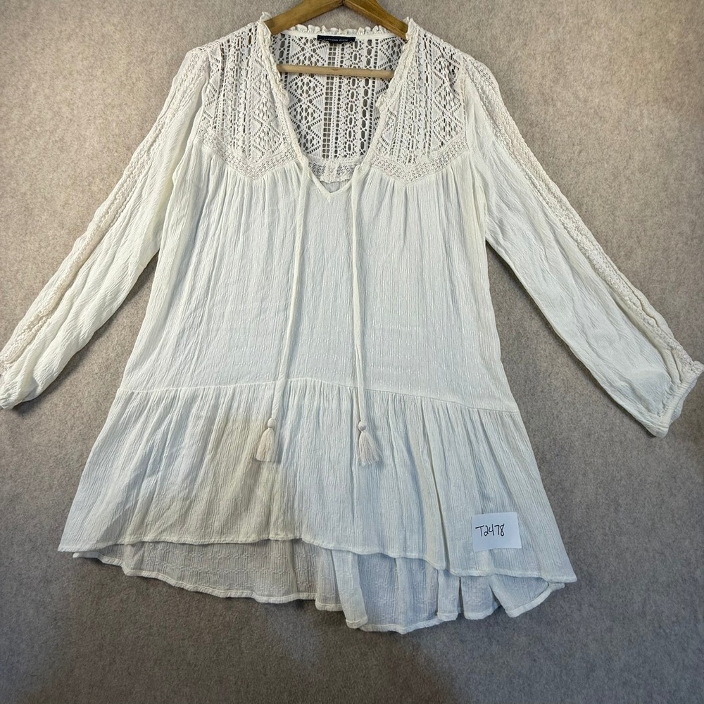 American Eagle White Crochet Lace Boho Peasant Tunic Blouse Tassel Tie XS